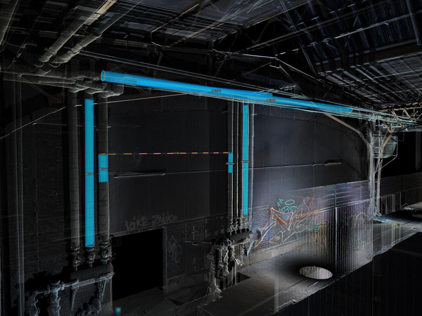 3D-Punktwolke einer Industrieanlage mit Rohrleitungsmodell und Bemaßung